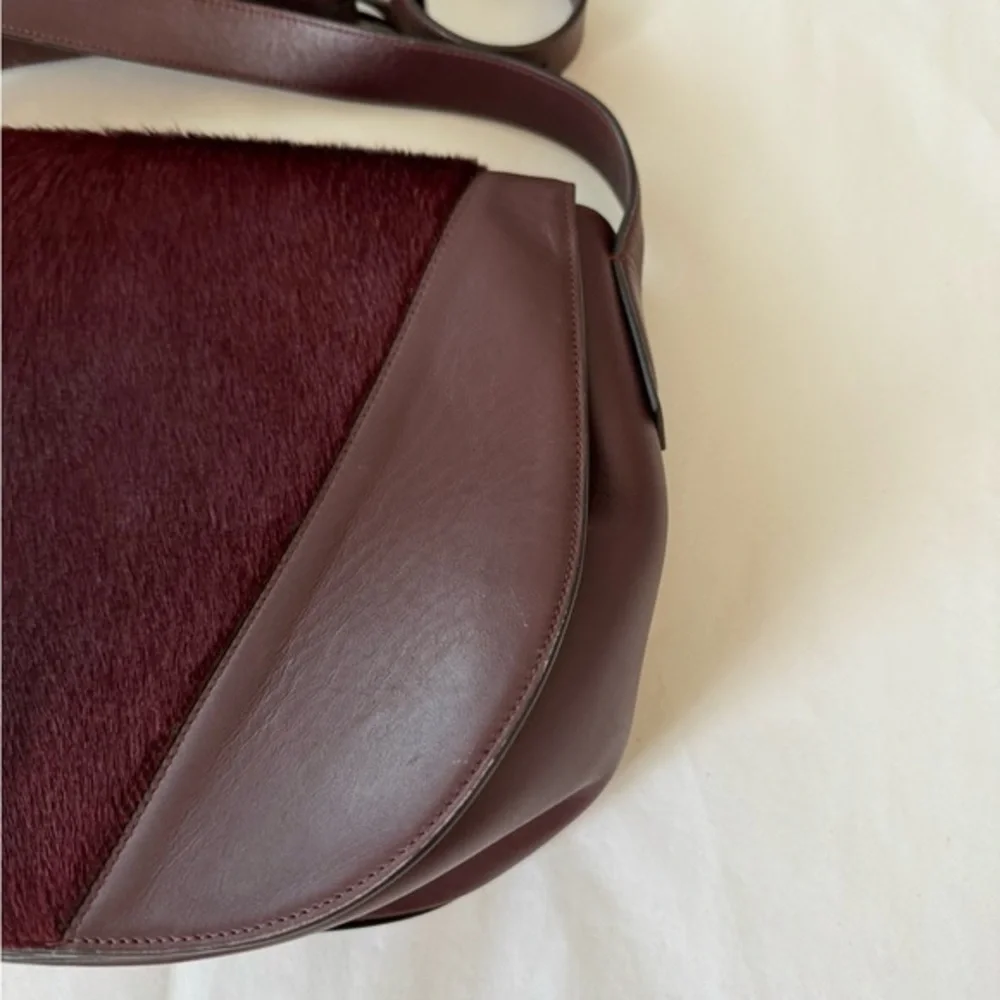Vince‎ Maroon Burgundy Calf Hair Leather Rounded Crossbody Saddle Bag